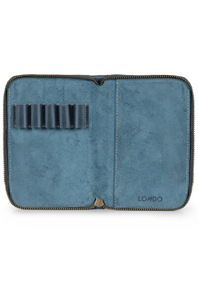 LONDO Hakiki Deri Kalem Yuvalı Fermuarlı Defterlik - Mavi