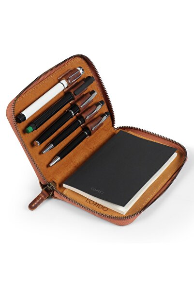 LONDO حامل دفتر ملاحظات من الجلد الطبيعي بسحاب مع فتحة قلم - جملي