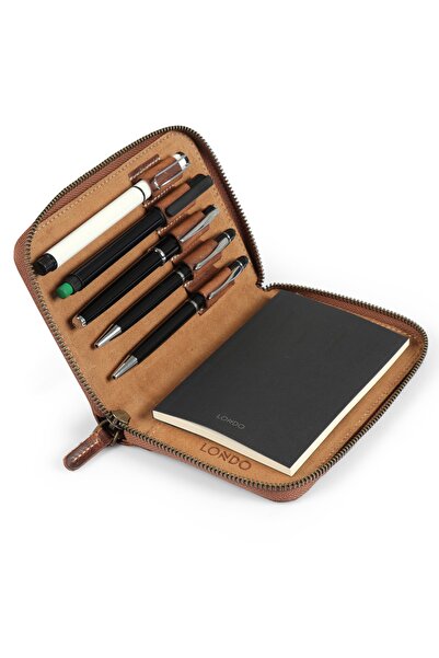 LONDO Husă pentru notebook din piele naturală cu fermoar și slot pentru stilo...