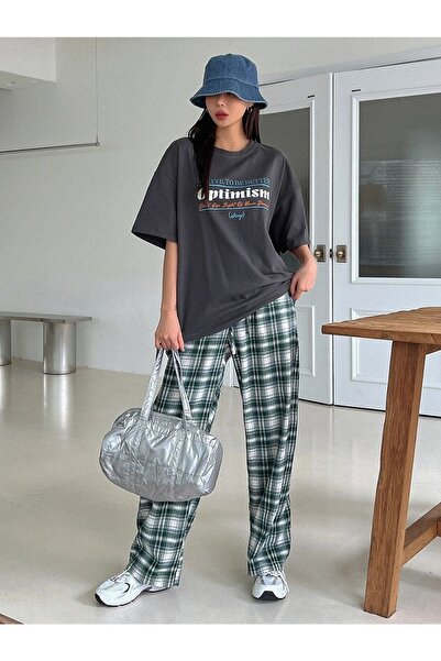 Benisengiydir Women's Anthracite Optimism Printed Oversize Crew Neck Tshirt