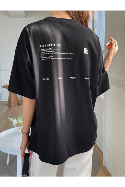 Benisengiydir Women's Black Life Attıtucle Printed Oversize Crew Neck Tshirt