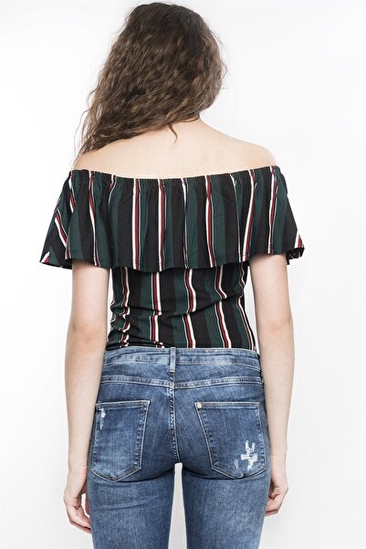 Miss Murem Boat Neck Frilly Striped Bodysuit-green