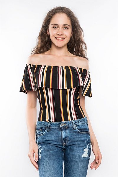 Miss Murem Body cu dungi cu volane cu gât barcă-galben