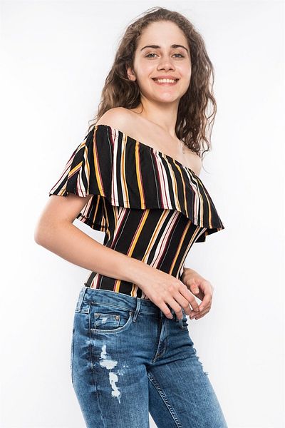 Miss Murem Body cu dungi cu volane cu gât barcă-galben