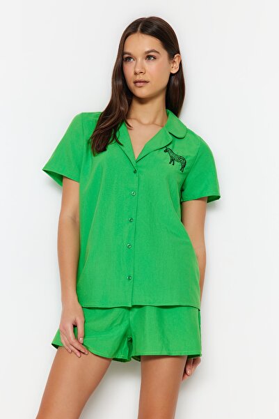 Trendyol Collection Green Zebra Embroidery Woven Pajama Set with Shorts Thmss23Pt00079