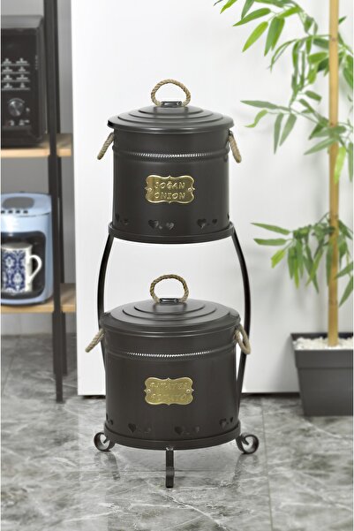 Yıldıray Metal Siyah Lüks Metal Standlı 2 Katlı Patates Soğan Kovası