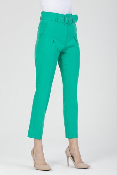MD trend Women's Green Pocket Carrot Cut Belted Fabric Trousers