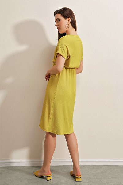 Bigdart 2378 V-Neck Slit Knitted Dress - Yellow