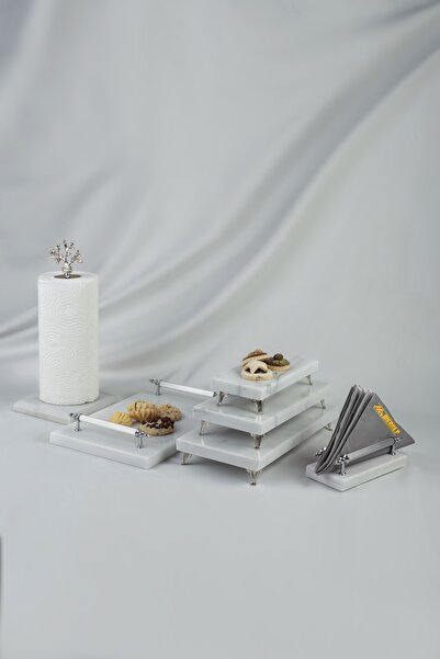 MERALP Mermer Çeyiz 4'lü Set Gümüş Peçetelik & Sunumluk & Rulo Peçetelik & Te...