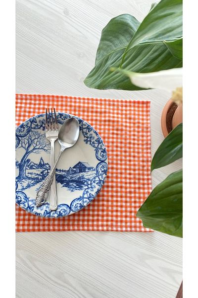 White Alamode Gingham Orange Placemat