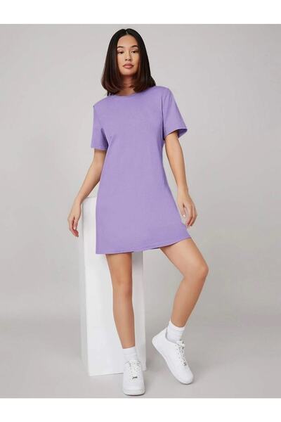 MOONBULL Lila Pamuklu Düz Bisiklet Yaka Oversize Elbise