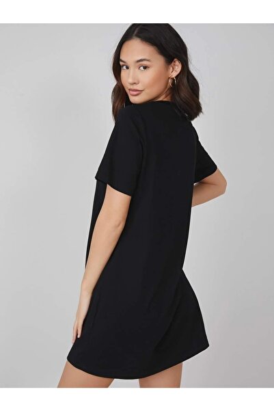 MOONBULL Czarna, bawełniana, gładka sukienka oversize z okrągłym dekoltem