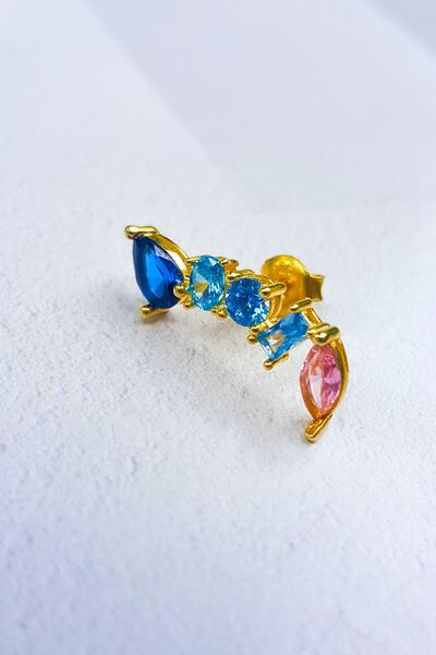 MorMajor Silver Tekli Renkli Zirkon Taşlı Sol Taraflı Gümüş Küpe