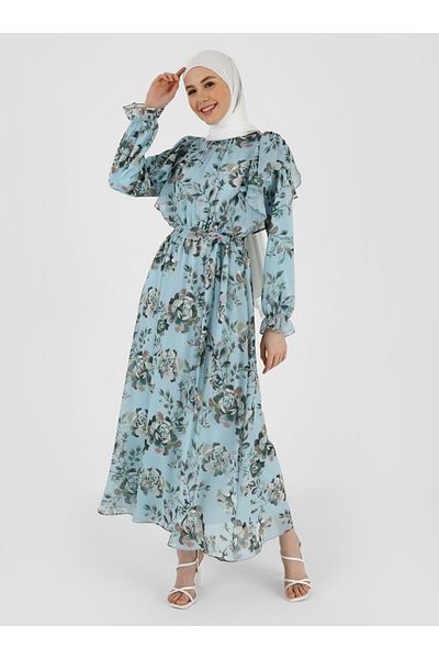 Refka Water Green Beige Floral Patterned Chiffon Dress - Flywheel Detail - Woman