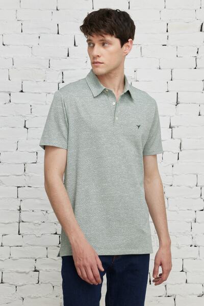 AC&Co / Altınyıldız Classics Men's Khaki White Easy-Ironable Slim Fit Narrow Cut Polo Neck Short Sleeve Jacquard T-Shirt
