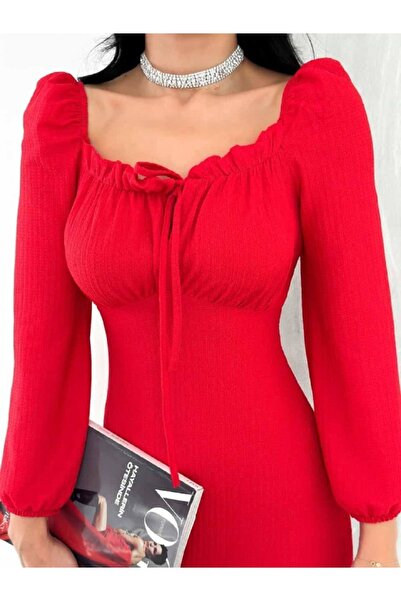 merlavin Ženska haljina sa U-izrezom, čipkastim detaljima, balon rukavima i n...