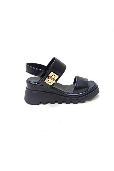 ALBİNİ Siyah Deri Kadın Dolgu Topuk Sandalet Ayakkabı