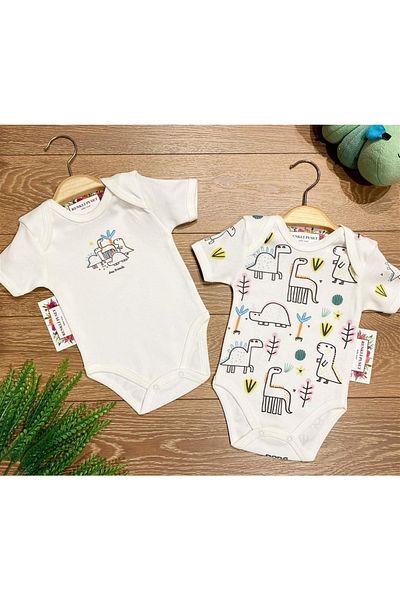 Renkli Puset 2-Piece Cotton Baby Short Sleeve Bodysuit Set Dinosaurs
