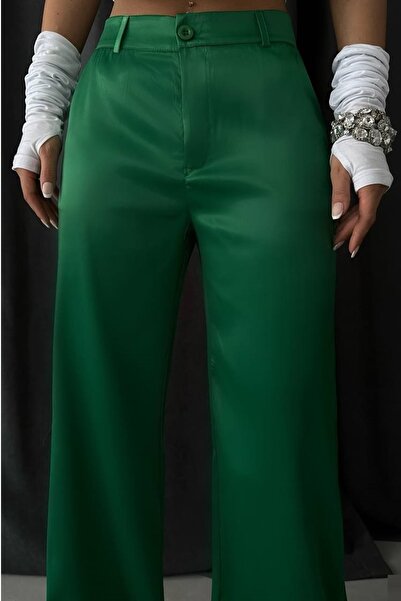 bayansepeti Women's Satin Tube Leg Green Trousers 23s01013