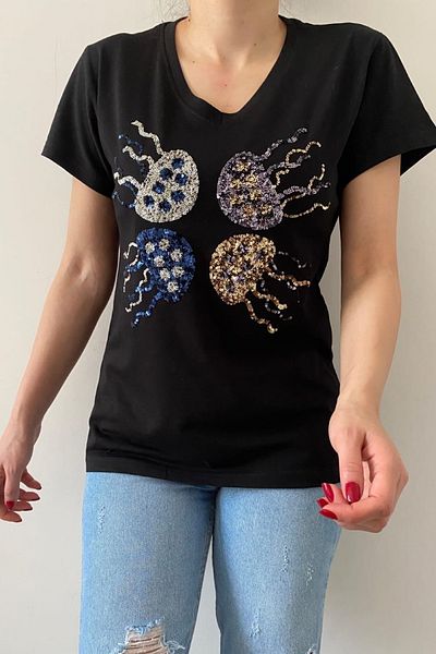 FEMELLE Tricou negru de damă, cu decolteu în V, meduză, cu paiete, brodat cu paiete, 100% bumbac