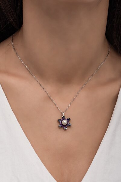 klas gümüş Incili Lotus Ametist Taşlı Rodaj Kolye