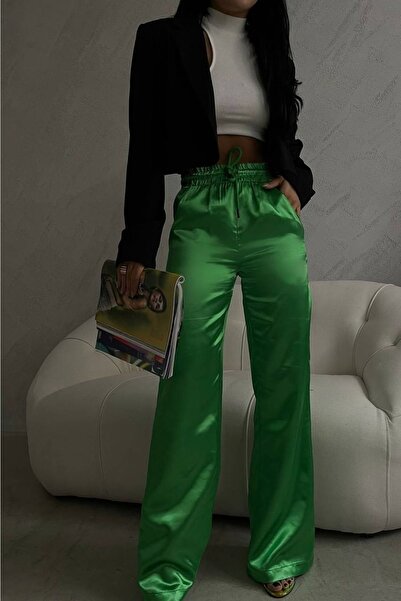 lovebox Women's High Waist Wide Leg Pocket Detailed Lace Up Satin Green Trousers 9139
