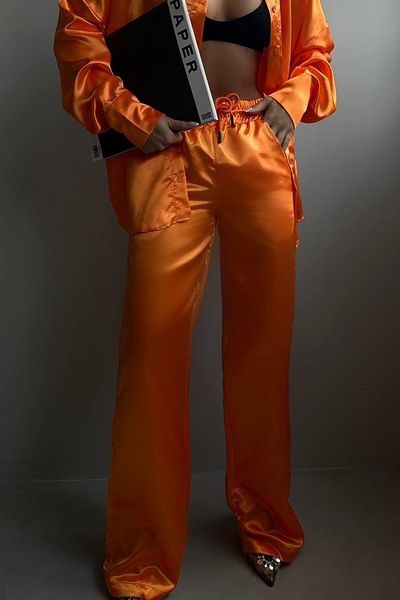 lovebox Women's Raised Waist Loose Leg Pocket Detailed Lace-up Orange Trousers 9139
