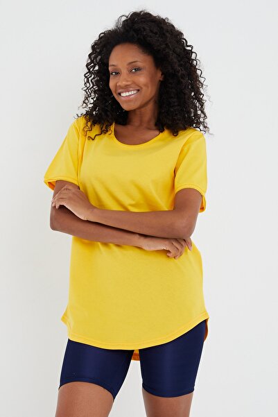 Tarz Cool Women's Yellow Oval Skirt Wide Collar 100% Cotton Short Sleeve T-Shirt