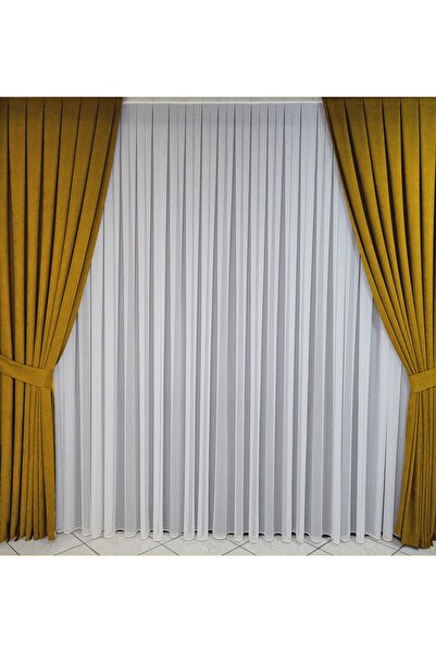 Yuka Diamond Double Wing Mustard Velvet Textured Sparse Pleated Plain Island Background Curtain Plain 90 X 250