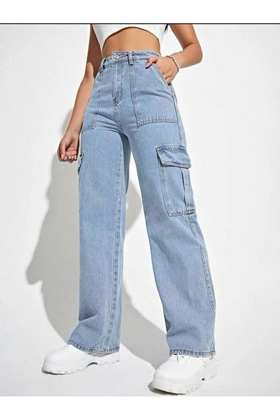 BROWSER Elize Women's Blue High Waist Cargo Pocket Denim Pants Blue Snow Wash Cargo Pocket Jeans