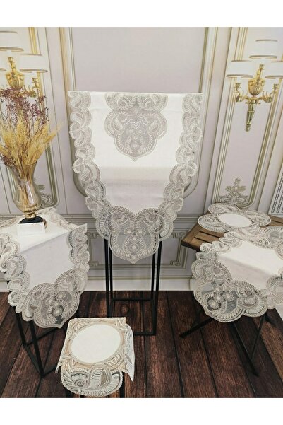 ZeynoÇeyiz Lüx Keten Salon Takımı 5 Parça Manolya Krem