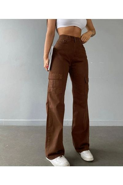 BROWSER Bonny Women's Brown High Waist Wide Leg Cargo Denim Pants Cargo Pocket Jeans