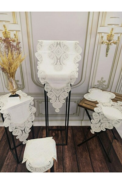 ZeynoÇeyiz Lüx Keten 5 Parça Salon Takımı Krem