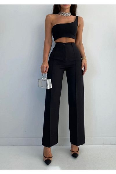 BROWSER Women's Black High Waist Front Stitching Detailed Wide Leg Fabric Trousers