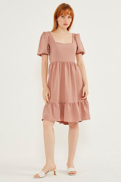 MEECY Γυναικείο φόρεμα Dusty Rose τετράγωνο γιακά με δέσιμο στην πλάτη