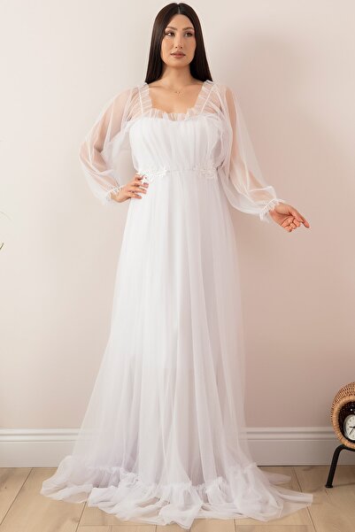 PULLIMM Long Tulle Evening Dress - Lace Detailed, Model 13326