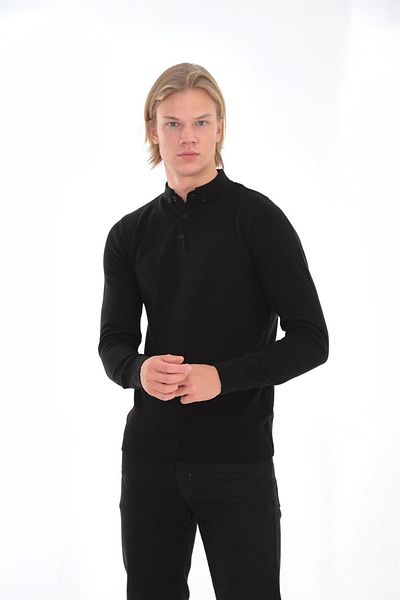 ELM WEAR Polo Neck Button Detailed Sweater - Gray Black