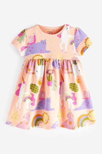 Next Baby % 100 Pamuklu Pembe Kısa Kollu Unicorn Elbise