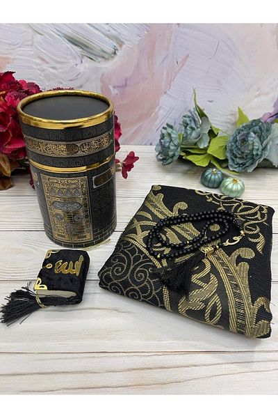 DuhaİslamiHediyelik Luxury Cylinder Boxed Taffeta Prayer Rug Mini Quran Pearl Prayer Beads Dowry Bundle Home Concept