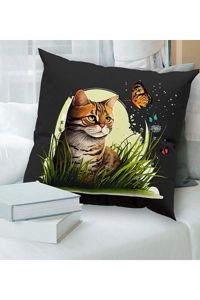 Bk Gift وسادة رمي سوداء من القماش الفاخر بتصميم قطة