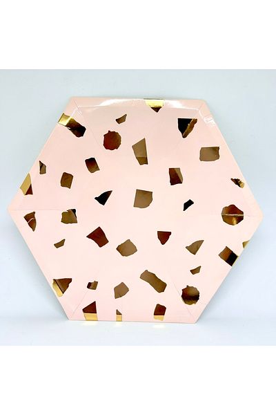 Mare Karnaval Hexagonal Gold Checkered Pink Cardboard Party Plate 8 Pieces-23cm