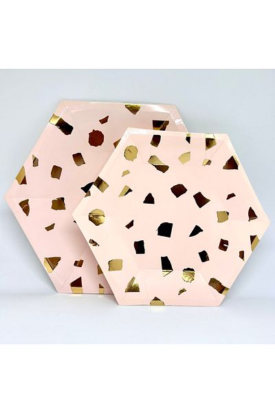 Mare Karnaval Hexagonal Gold Checkered Pink Cardboard Party Plate 8 Pieces-23cm
