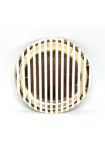 Mare Karnaval White Gold Striped Cardboard Party Plate 8 Pieces-18cm