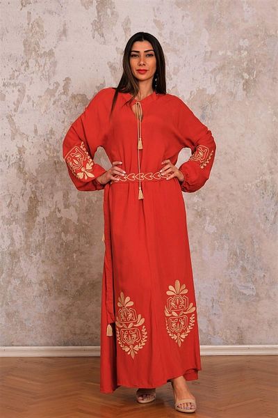 Keyifli Moda Rochie lungă pentru femei, culoare cărămidă, cu mâneci cu balon, cu brâu, cu gât și tiv, cu mâneci și tiv brodate