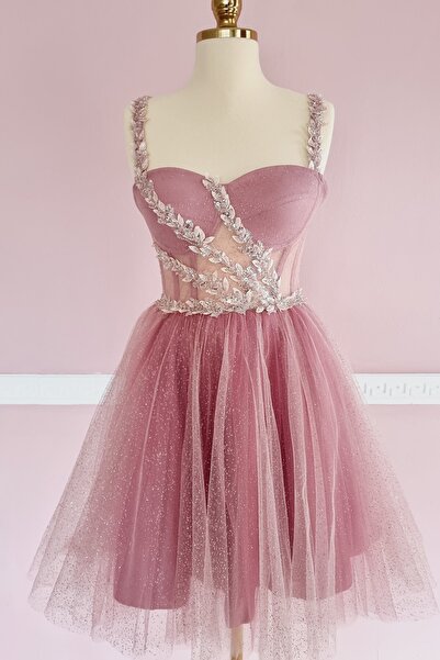 Lenta Moda Gül Kurusu Simli Mini Gece Ve Parti Elbisesi