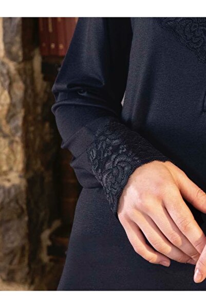 Aydoğan Women's Lace Long Sleeve Nightgown Navy Blue Color (115 cm Length)