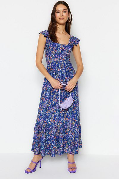 Trendyol Collection Rochie țesută midi din viscoză albastră cu guler pătrat cu imprimeu floral TWOSS20EL3331