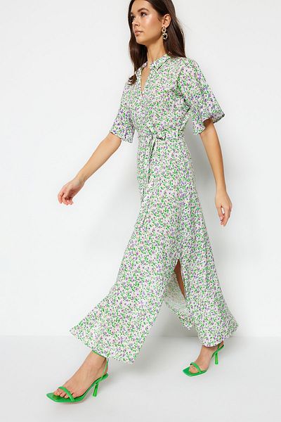 Trendyol Collection Rochie cămașă maxi din viscoză cu imprimeu floral cu centură mov TWOSS19EL0094