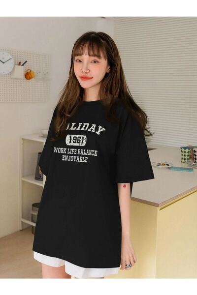 Benisengiydir Women's Black Holiday Printed Oversize Crew Neck Tshirt