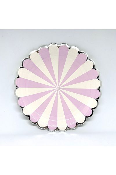 Mare Karnaval Striped Silver Gilded Lilac White Cardboard Party Plate 8 Pieces-23cm